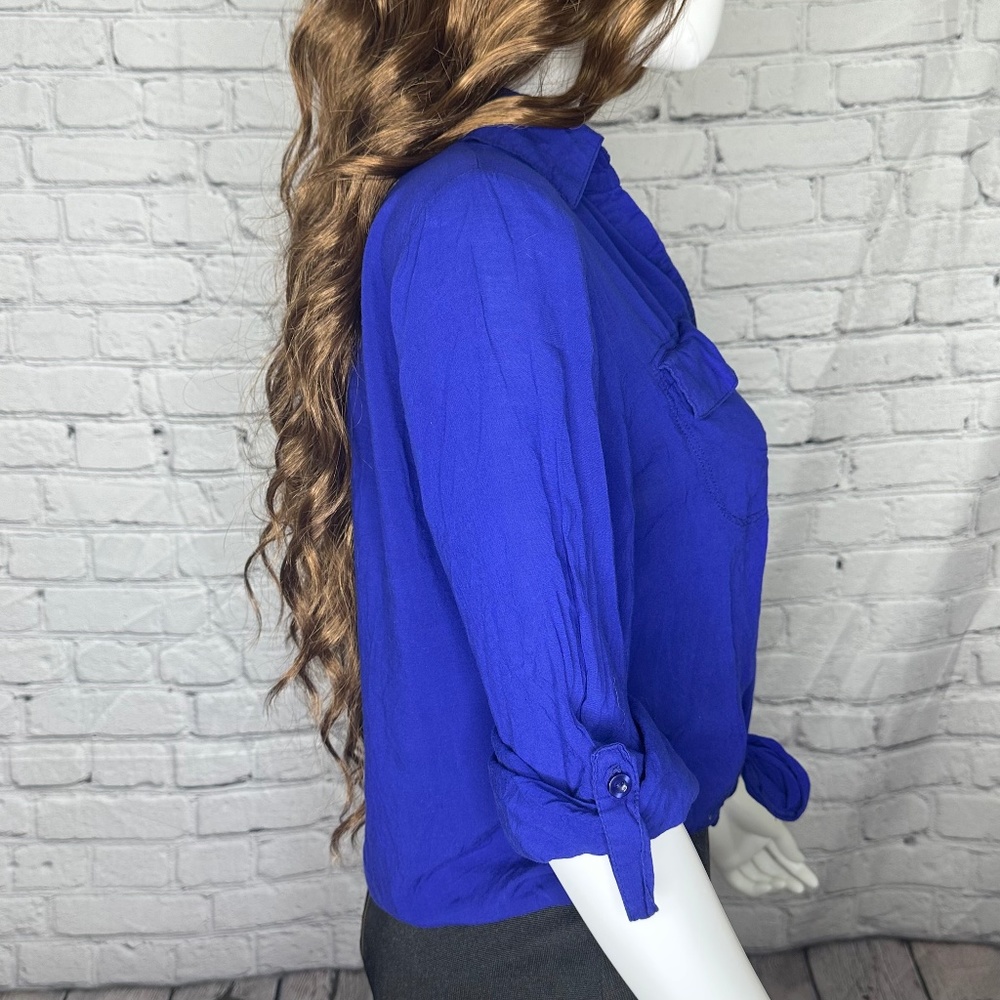 Love Culture Royal Blue Collar Long Sleeve Tie up Blouse - Picture 3 of 4